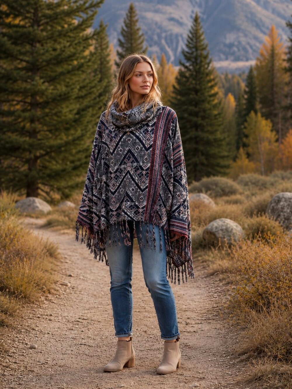 Free People Be The One Turtleneck Pancho Patterned Fringe Sweater Sz M